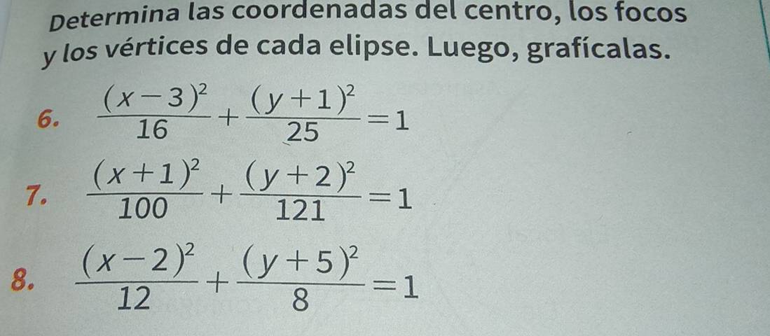 Determina las coordenadas del centro, los focos
y los vértices de cada elipse. Luego, grafícalas.
6. frac (x-3)^216+frac (y+1)^225=1
7. frac (x+1)^2100+frac (y+2)^2121=1
8. frac (x-2)^212+frac (y+5)^28=1