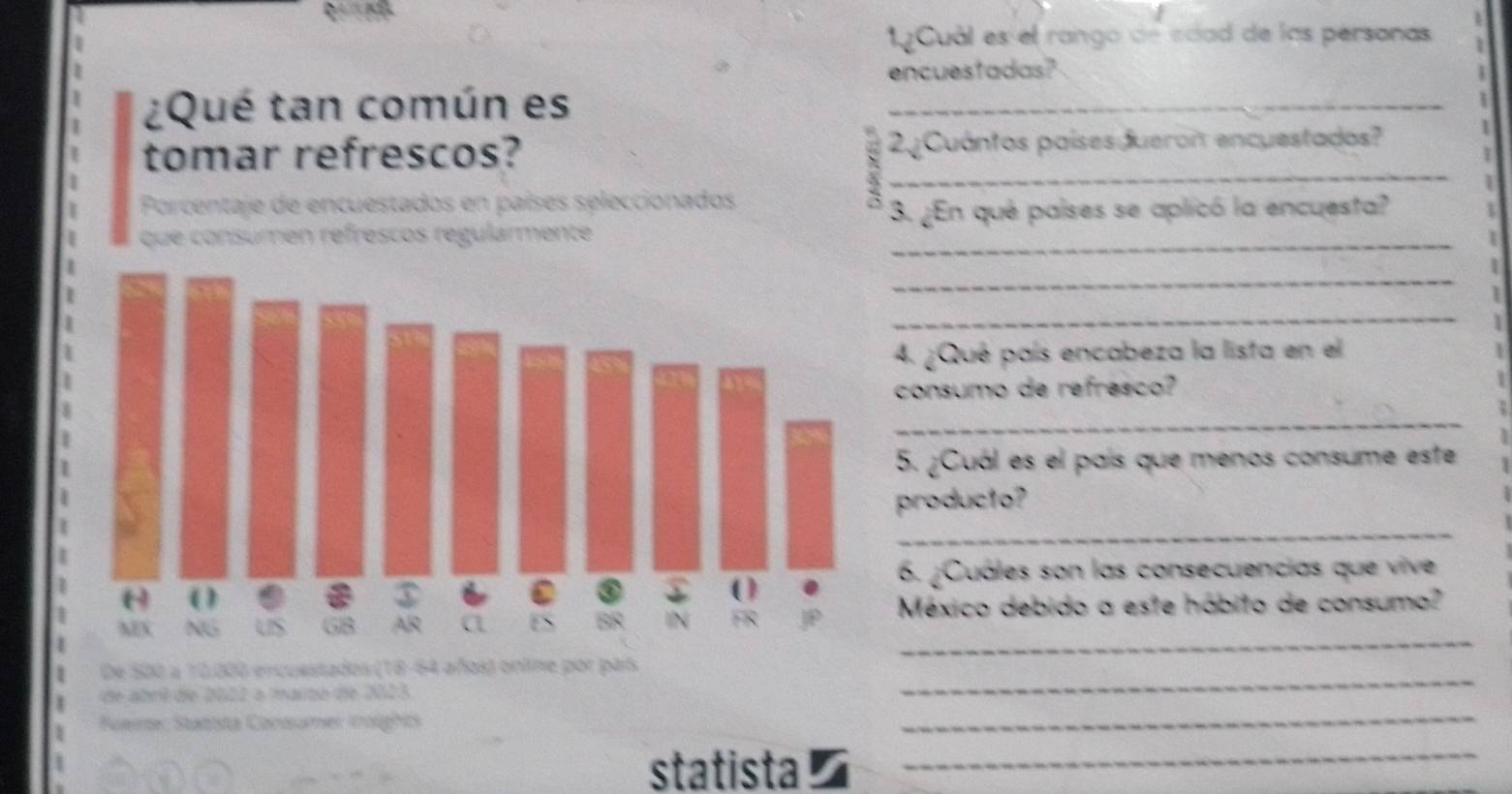 12Cuál es el rango de sdad de las personas 
encuestadas? 
¿Qué tan común es_ 
_ 
tomar refrescos? 2¿Cuántos países dueron encuestados? 
Porcentaje de encuestados en países seleccionados 
3. ¿En qué países se aplicó la encuesta? 
que consumen réfrescos regularmente_ 
_ 
_ 
4. ¿Qué país encabeza la lista en el 
consumo de refresco? 
_ 
5. ¿Cuál es el país que menos consume este 
producto? 
_ 
6. ¿Cuáles son las consecuencias que vive 
México debido a este hábito de consumo? 
_ 
De 500 a 10.000 ercuestados (18-64 añas) online por país 
de abré de 2022 a maito de 2025
_ 
Bueite: Statista Consumer inoights 
_ 
statista 
_