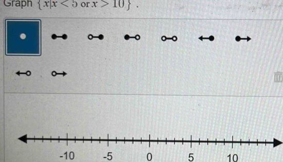 Graph  x|x<5</tex> or x>10. 
. 
。 。 。 
a 。
-10 -5 0 5 10