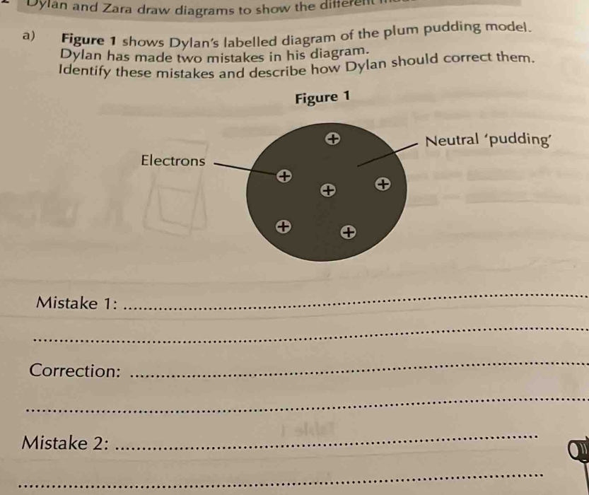 Dylan and Zara draw diagrams to show the different 
a) Figure 1 shows Dylan's labelled diagram of the plum pudding model. 
Dylan has made two mistakes in his diagram. 
Identify these mistakes and describe how Dylan should correct them. 
Figure 1 
eutral 'pudding´ 
Mistake 1: 
_ 
_ 
Correction: 
_ 
_ 
Mistake 2: 
_ 
_