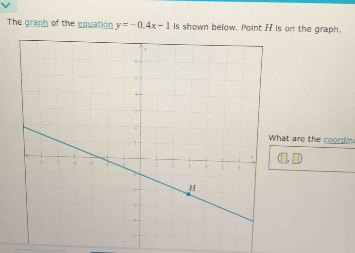 The graph of the equation y=-0.4x-1 is shown below. Point H is on the graph. 
hat are the coordin
(□ ,□ )