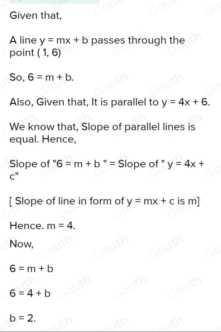 Solved: A line, y=mx+b , passes through the point (1,6) and is parallel ...