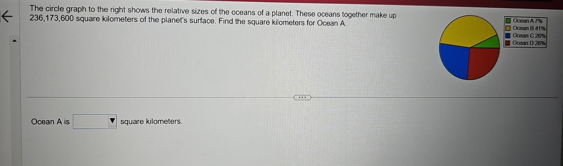 The circle graph to the right shows the relative sizes of the oceans of a planet. These oceans together make up Ocean A 7%
236,173,600 square kilometers of the planet's surface. Find the square kilometers for Ocean A.
Ocean B 41%
Ocean C 26%
Ocean D 26%
Ocean A is □ V square kilometers.