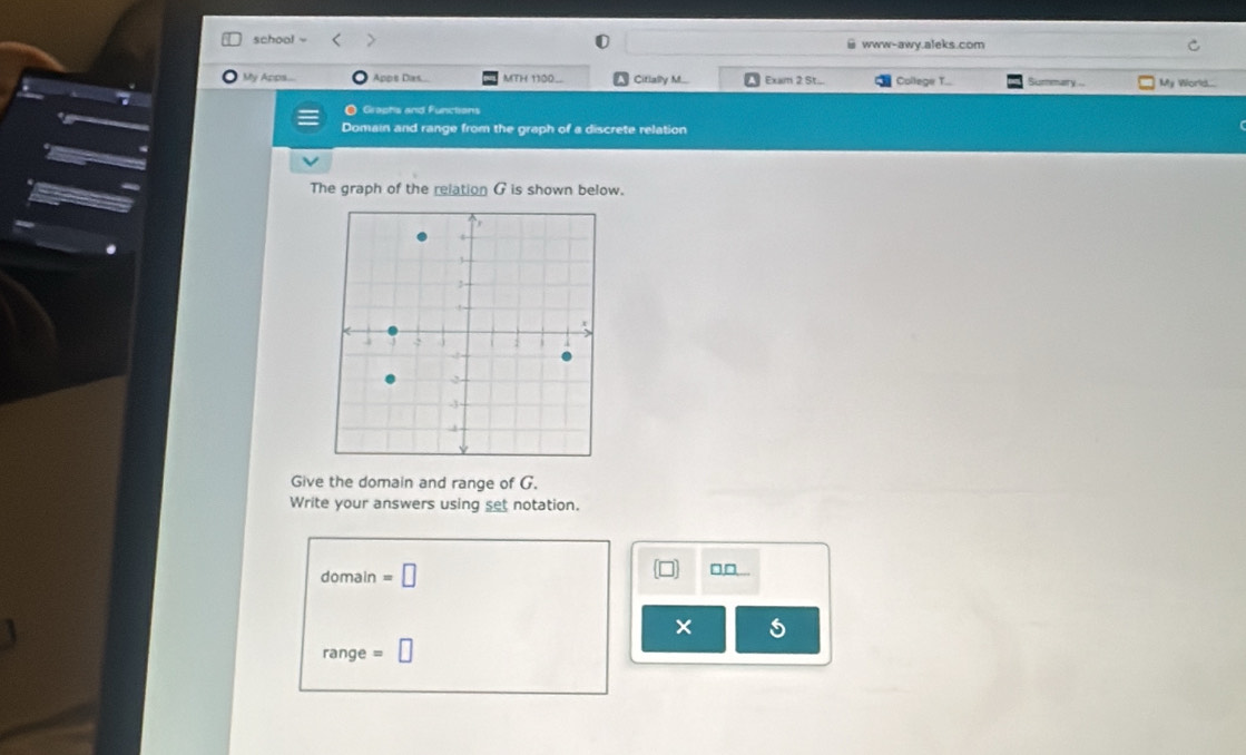 school - @ www-awy.aleks.com 
Acos... Apps Das... MTH 1100_ Citlally M.... Exam 2 St... College T... Summary .. My World.... 
O Grapts and Functions 
Domain and range from the graph of a discrete relation 
The graph of the relation G is shown below. 
Give the domain and range of G. 
Write your answers using set notation. 
domain =□
□□ 
× 
range =□