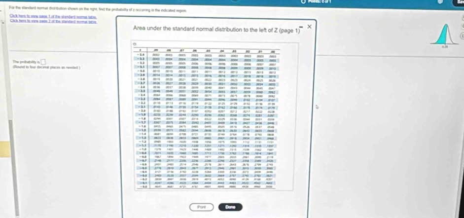 For the standard nornet distribution shown on the right, find the probability of 2 occurring in the indicated region
Cick here to view page 1t of the standard sormal table.
Click here to wew pade 2 of the standard normal table. Area under the standard normal distribution to the left of Z (page 1)
×
。
04 4 8 0 01
00 0001
□ -13 -1.4 0003 0003 0004 000 0004 5004 .0004 .0006 .0004 .0005 000
_4□ 0005 0003
0001
000s
00 0006
-1 8005 000s 0∞□8 0 0008
The probability (Round to four decimal placen an needed 0000 noto '`
-11 -30 .0010 011 0011 001 5008 0012 0011 0013
-25 00+9 0025 52 Begn 0622 0023 0' 
÷ 28 0014 21 ,0015 0046 2018 001 
0629 .0030 0013
-2 026'' 0027 0057 2040 0031 (0(d ) 0044 2047 0053 2034 0015 
∞ m 2064 0064 3054 00SS  005? 0041 0059 0060 1062
-13 - 34 áo n ∞ 00∞0 0082
boen .0001
:; 0064   0087 2” 1 3 o 1 0 1 01 22 0125 a12 e M
- 23
0150 0154 0162 0186 D
-21 0083 018 0142 o 025 .82+2 0178 0174  0179 B217 62 22
÷ 3.0
244 2290 0238 6262 2064   
-13 -18
“
-U e en H Dü 247  0427'' 043  08
-18       20'' 2m'  l  03 3641 0655   ' 0e8''
-15 ÷ 1.4
B D?b4
-12 831 m  
1000 “”
3%
-13 ,,.   
-1
38 wn 3736  1782 3011        
,” 2005
=0.8 22M 3248 218 '2100 2420     n 
2706
÷ 0.7 74 345/1 2481
3015 /2010305 3372 3020 34 0
3 2
-14 ,1584 4128 4188 4207       
03 4325 4364 2    442' 43
Pant Done