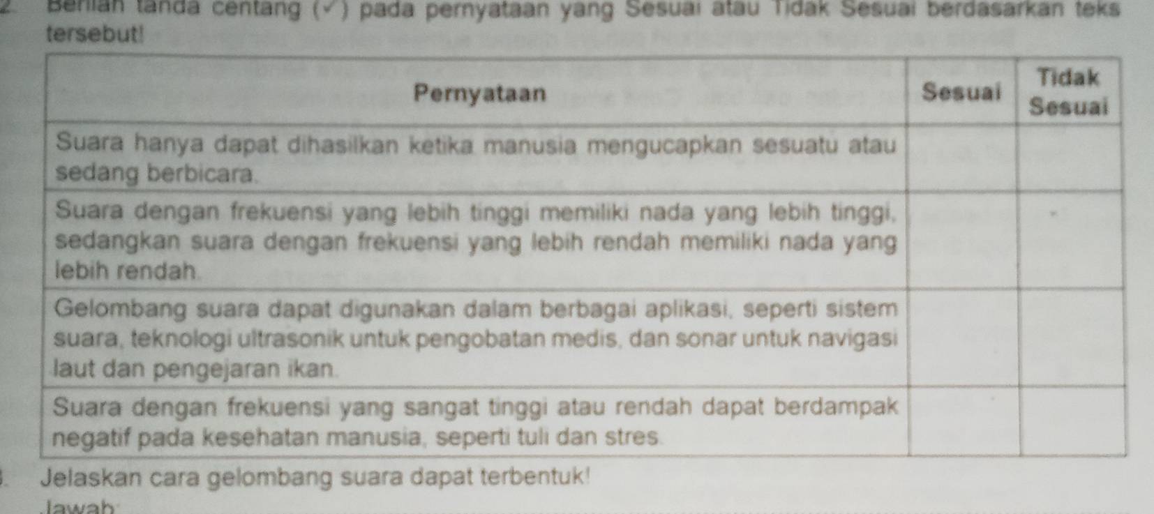 Behian tanda centang (√) pada pernyataan yang Sesuaí atau Tidak Sesuaí berdasarkan teks 
tersebut! 
. 
Jawah