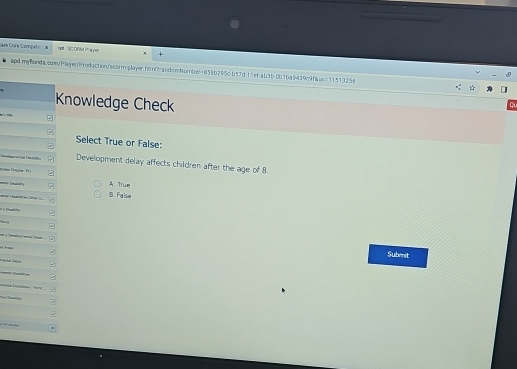 Gère Córe Compet x 3 ORM Parper
apd myhonda.comvPlayer/Prodaction/scorm-player.hom| andomNumber=859b255c b57d 11ef ab3b-0b1bg|39c9f&ac=1151335e
Knowledge Check

Select True or False:
tamnal Eara Development delay affects children after the age of 8.
Ta Thye 1 1
A True
== Dutta B. False
# « Chsahimy
w 
- i ?— —+ ?

Submit
hal Fa

T