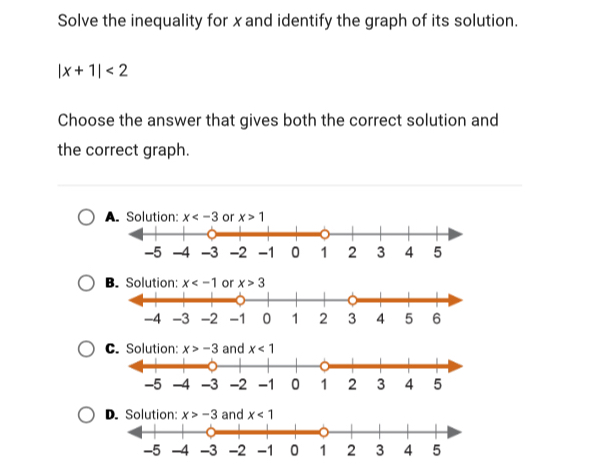 Solve the inequality for x and identify the graph of its solution.
|x+1|<2</tex>
Choose the answer that gives both the correct solution and
the correct graph.
A. Solution:
B. Solution:
C. Solution: x>-3
D. Solution:  and