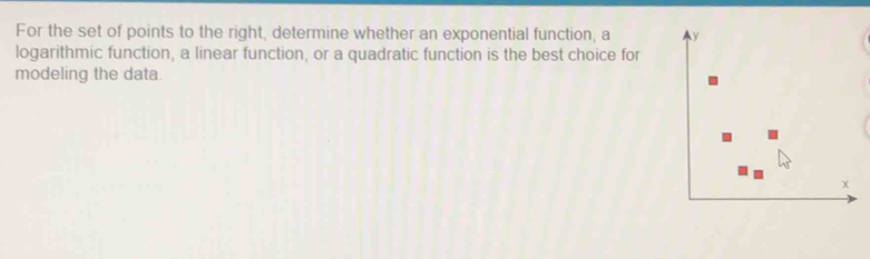 For the set of points to the right, determine whether an exponential function, a 
logarithmic function, a linear function, or a quadratic function is the best choice for 
modeling the data.