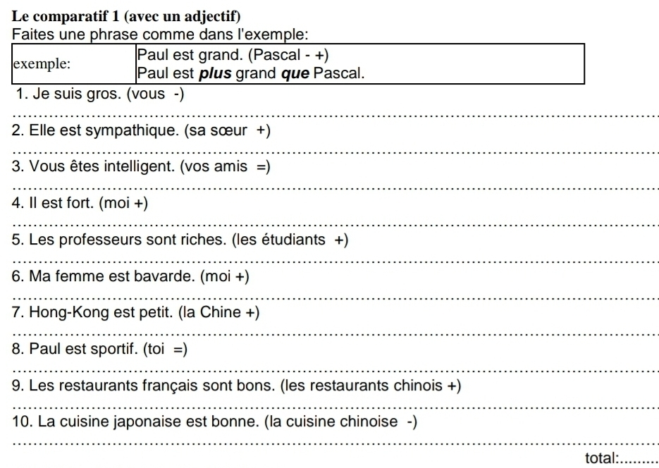 Le comparatif 1 (avec un adjectif) 
Faites une phrase comme dans l'exemple: 
Paul est grand. (Pascal - +) 
exemple: Paul est plus grand que Pascal. 
1. Je suis gros. (vous -) 
_ 
2. Elle est sympathique. (sa sœur +) 
_ 
3. Vous êtes intelligent. (vos amis =) 
_ 
4. Il est fort. (moi +) 
_ 
5. Les professeurs sont riches. (les étudiants +) 
_ 
6. Ma femme est bavarde. (moi +) 
_ 
7. Hong-Kong est petit. (la Chine +) 
_ 
8. Paul est sportif. (toi =) 
_ 
9. Les restaurants français sont bons. (les restaurants chinois +) 
_ 
10. La cuisine japonaise est bonne. (la cuisine chinoise -) 
_ 
total:_