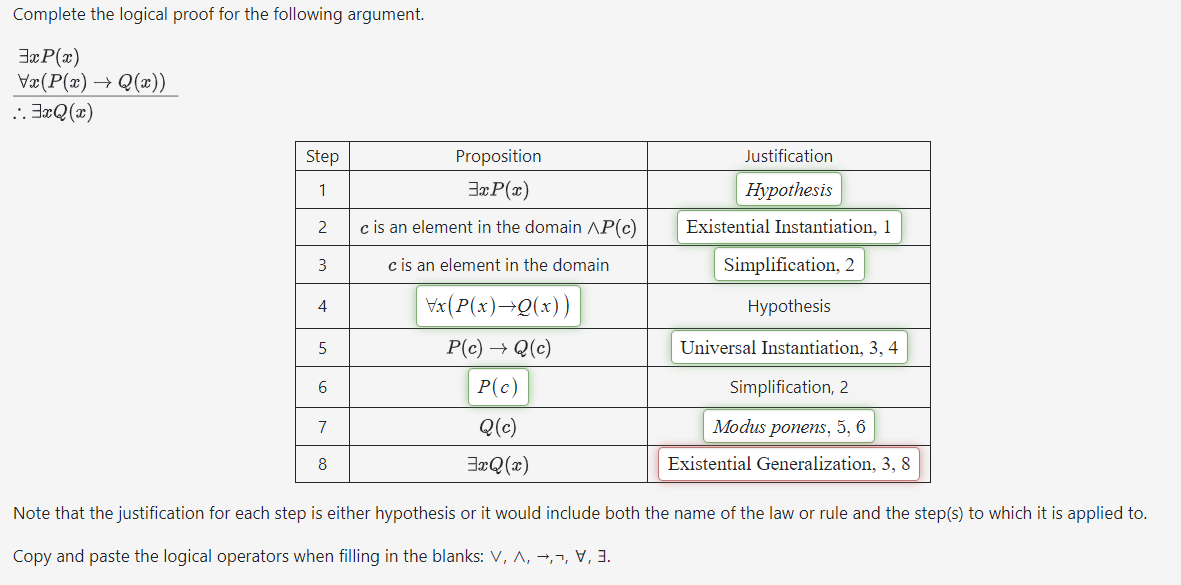 Complete the logical proof for the following argument.
exists xP(x)
 forall x(P(x)to Q(x))/∴ exists xQ(x) 
Note that the justification for each step is either hypothesis or it would include both the name of the law or rule and the step(s) to which it is applied to.
Copy and paste the logical operators when filling in the blanks: ∨, Λ, →,¬, ∀, 3.