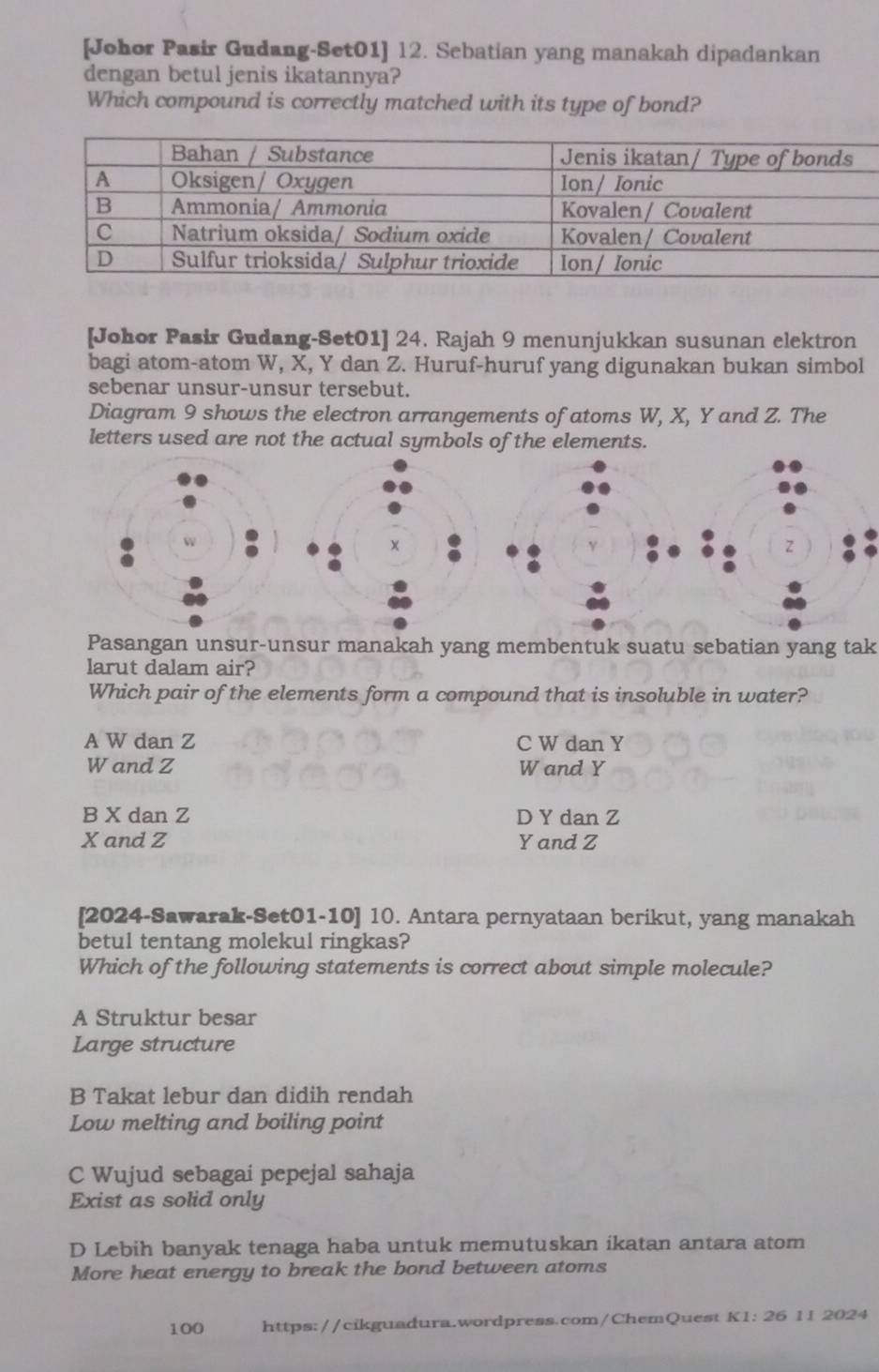 [Johor Pasir Gudang-Set01] 12. Sebatian yang manakah dipadankan
dengan betul jenis ikatannya?
Which compound is correctly matched with its type of bond?
[Johor Pasir Gudang-Set01] 24. Rajah 9 menunjukkan susunan elektron
bagi atom-atom W, X, Y dan Z. Huruf-huruf yang digunakan bukan simbol
sebenar unsur-unsur tersebut.
Diagram 9 shows the electron arrangements of atoms W, X, Y and Z. The
letters used are not the actual symbols of the elements.
Pasangan unsur-unsur manakah yang membentuk suatu sebatian yang tak
larut dalam air?
Which pair of the elements form a compound that is insoluble in water?
A W dan Z C W dan Y
Wand Z W and Y
B X dan Z D Y dan Z
X and Z Y and Z
[2024-Sawarak-Set01-10] 10. Antara pernyataan berikut, yang manakah
betul tentang molekul ringkas?
Which of the following statements is correct about simple molecule?
A Struktur besar
Large structure
B Takat lebur dan didih rendah
Low melting and boiling point
C Wujud sebagai pepejal sahaja
Exist as solid only
D Lebih banyak tenaga haba untuk memutuskan ikatan antara atom
More heat energy to break the bond between atoms
100 https://cikguadura.wordpress.com/ChemQuest K1: 26 11 2024