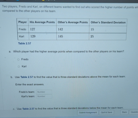 Two players, Fredo and Karl, on different teams wanted to find out who scored the higher number of points wh
compared to the other players on his team.
Table 2.57
a. Which player had the higher average points when compared to the other players on his team?
Fredo
Karl
b. Use Table 2.57 to find the value that is three standard deviations above the mean for each team.
Enter the exact answers.
Fredo's team: Number
Karl's team: Numbet
c. Use Table 2,57 to find the value that is three standard deviations below the mean for each team.
Submit Assignment Quit & Save Back Questic