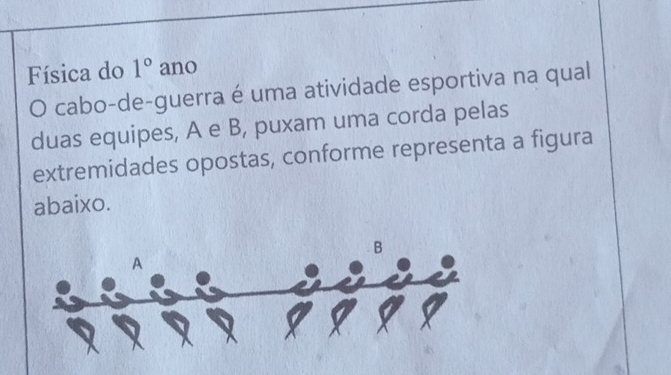 Física do 1° ano 
O cabo-de-guerra é uma atividade esportiva na qual 
duas equipes, A e B, puxam uma corda pelas 
extremidades opostas, conforme representa a figura 
abaixo.
B
a