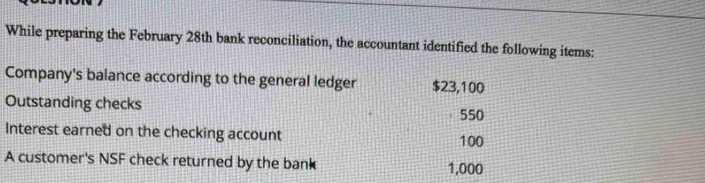 While preparing the February 28th bank reconciliation, the accountant identified the following items: 
Company's balance according to the general ledger $23,100
Outstanding checks
550
Interest earned on the checking account
100
A customer's NSF check returned by the bank
1,000