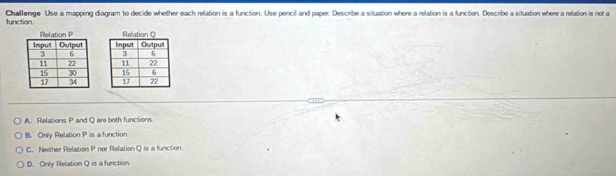 Challenge Use a mapping diagram to decide whether each relation is a function. Use pencil and paper. Describe a situation where a relation is a function. Describe a situation where a relation is not a
function

A. Relations P and Q are both functions.
B. Only Relation P is a function.
C. Neither Relation P nor Relation Q is a function.
D. Only Relation Q is a function.