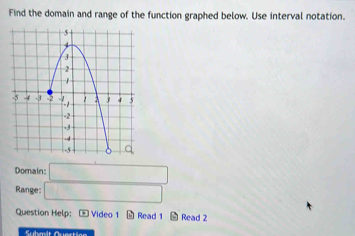 Find the domain and range of the function graphed below. Use interval notation. 
Domain: □ 
Range: □ 
Question Help: D Video 1 Read 1 Read 2 
Submit Question