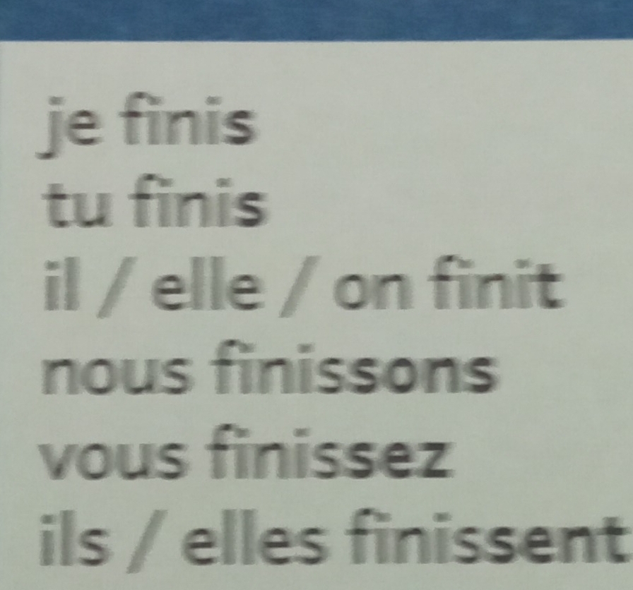 je finis 
tu finis 
il / elle / on finit 
nous finissons 
vous finissez 
ils / elles finissent