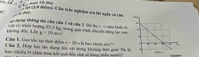 vector AA= 4/9 vector A Toán Tất Huy 
(2 ,0 điểm). Cầu trắc nghiệm trà lời ngắn và câu 
DC ar doy. 
sa dụng thông tín cho câu 1 và câu 2. Đồ thị v-1 như hình vẽ 
Vật có khối lượng 85,5 kg, trong quá trình chuyên động lực can 
không đối, Lấy g=10m/s^2. 
Câu 1. Gia tốc tại thời điểm t=20sta bao nhiêu m/s^2 ? 
Câu 2. Hợp lực tác dụng lên vật trong khoảng thời gian 30s là 
bao nhiều N (lảm trùn kết quả đến chữ số hảng phần mười)?