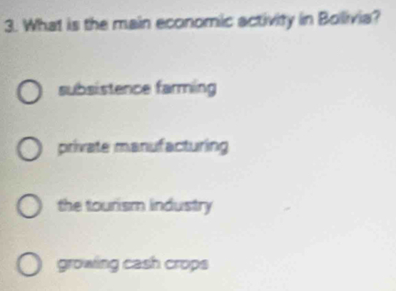 What is the main economic activity in Bollivia?
subsistence farming
private manufacturing
the tourism industry
growing cash crops