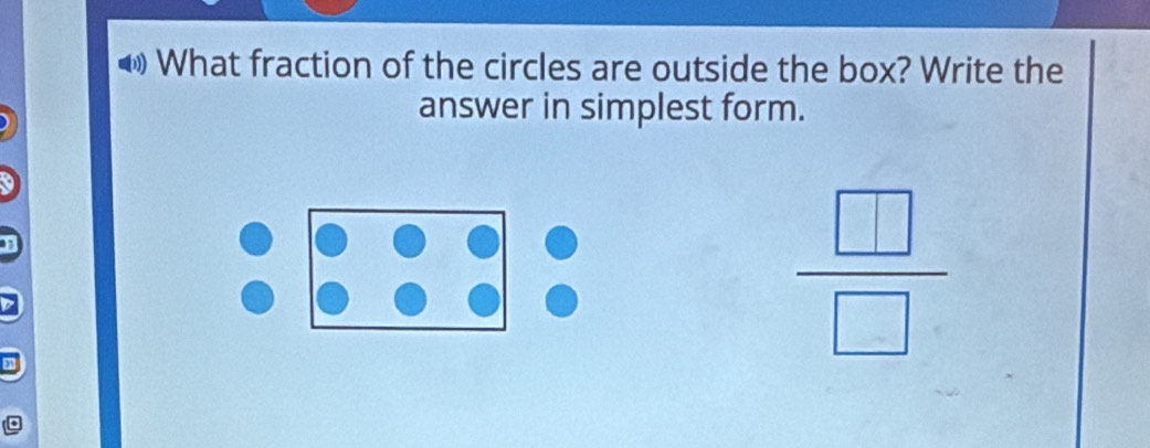 What fraction of the circles are outside the box? Write the 
answer in simplest form.
 □ /□  