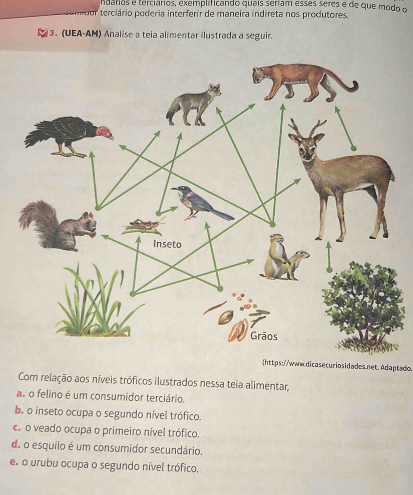 ndários e terciários, exemplificando quais seriam esses seres e de que modo o
terciário poderia interferir de maneira indireta nos produtores.
3. (UEA-AM) Analise a teia alimentar ilustrada a seguir.
(https://www.dicasecuriosidades.net. Adaptado.
Com relação aos níveis tróficos ilustrados nessa teia alimentar,
as o felino é um consumidor terciário.
b. o inseto ocupa o segundo nível trófico.. o veado ocupa o primeiro nível trófico.
do o esquilo é um consumidor secundário.
e o urubu ocupa o segundo nível trófico.