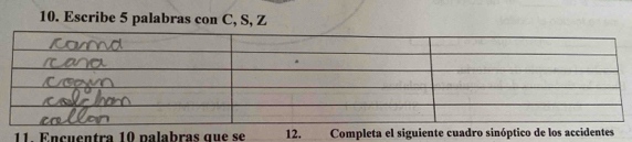 Escribe 5 palabras con C, S, Z 
11. Ençuentra 10 palabras que se 12. Completa el siguiente cuadro sinóptico de los accidentes