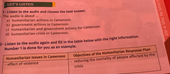 PM S LISTEN
1- Listen to the audio and choose the best answer.
The audio is about ...
a) humanitarian actions in Cameroon.
b) government actions in Cameroon.
c) humanitarian and government actions for Cameroon.
d) humanitarian crisis in Cameroon.
2- Listen to the audio again and fll in the table below with the right information.