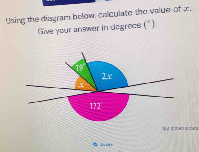 Using the diagram below, calculate the value of x.
Give your answer in degr = es (^circ ).
Not drawn accura
Zoom