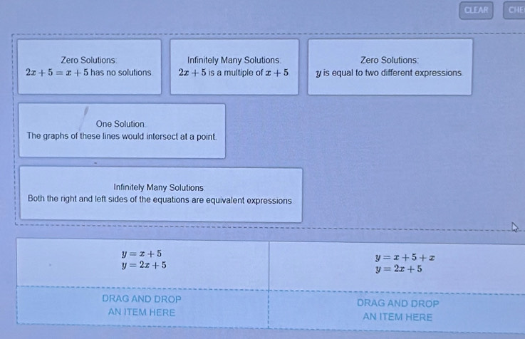 CLEAR CHE
Zero Solutions: Infinitely Many Solutions. Zero Solutions:
2x+5=x+5 has no solutions 2x+5 is a multiple of x+5 y is equal to two different expressions
One Solution
The graphs of these lines would intersect at a point.
Infinitely Many Solutions
Both the right and left sides of the equations are equivalent expressions