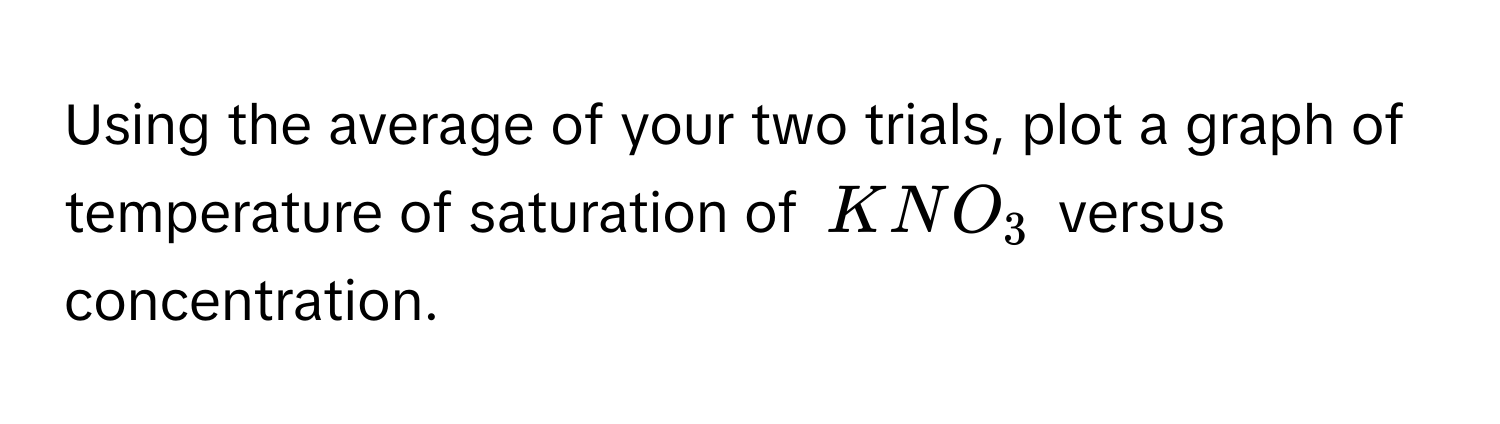 Using the average of your two trials, plot a graph of temperature of saturation of $KNO_3$ versus concentration.