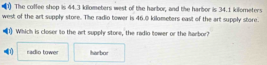 The coffee shop is 44.3 kilometers west of the harbor, and the harbor is 34.1 kilometers
west of the art supply store. The radio tower is 46.0 kilometers east of the art supply store.
Which is closer to the art supply store, the radio tower or the harbor?
D radio tower harbor