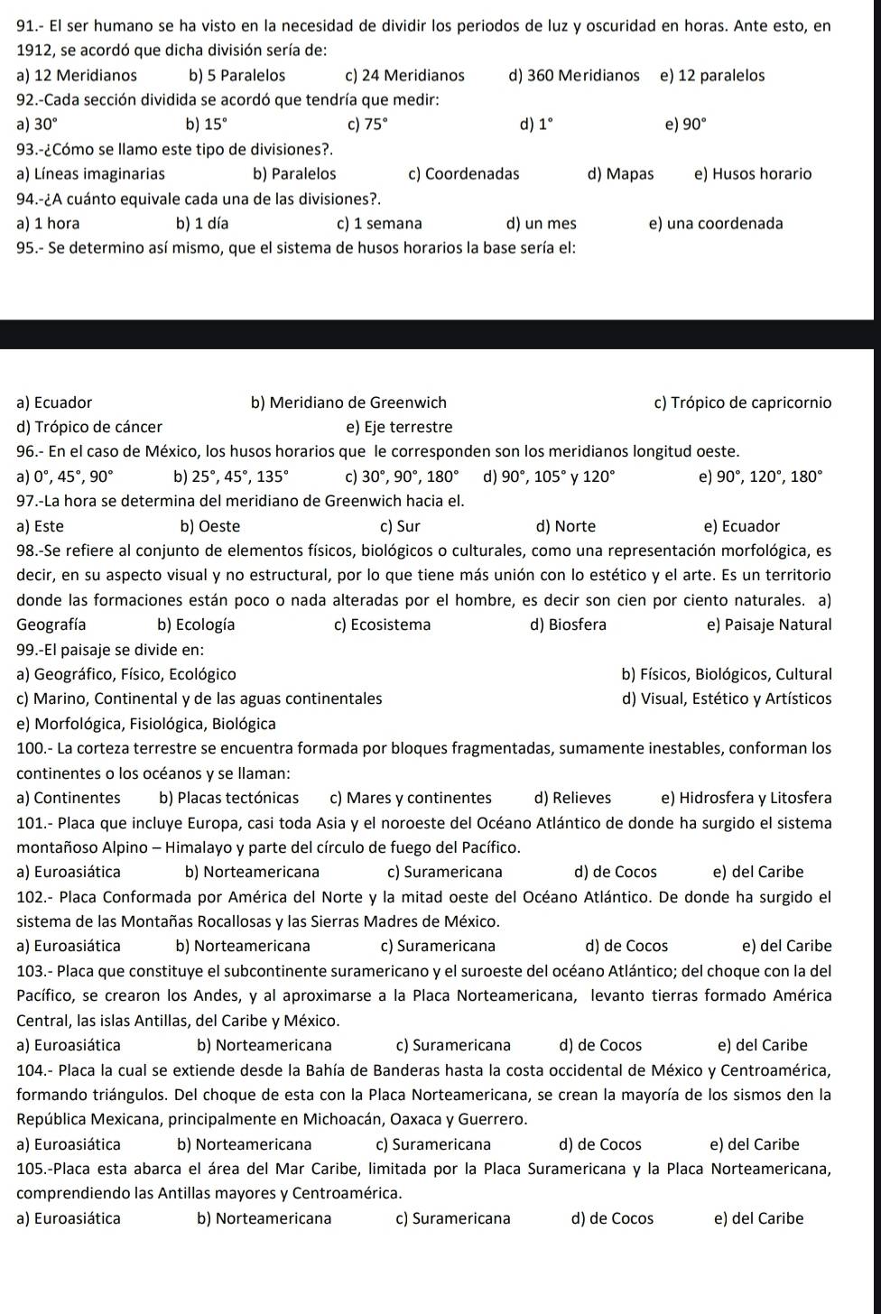 91.- El ser humano se ha visto en la necesidad de dividir los periodos de luz y oscuridad en horas. Ante esto, en
1912, se acordó que dicha división sería de:
a) 12 Meridianos b) 5 Paralelos c) 24 Meridianos d) 360 Meridianos e) 12 paralelos
92.-Cada sección dividida se acordó que tendría que medir:
a) 30° b) 15° c) 75° d) 1° e) 90°
93.-¿Cómo se llamo este tipo de divisiones?.
a) Líneas imaginarias b) Paralelos c) Coordenadas d) Mapas e) Husos horario
94.-¿A cuánto equivale cada una de las divisiones?.
a) 1 hora b) 1 día c) 1 semana d) un mes e) una coordenada
95.- Se determino así mismo, que el sistema de husos horarios la base sería el:
a) Ecuador b) Meridiano de Greenwich c) Trópico de capricornio
d) Trópico de cáncer e) Eje terrestre
96.- En el caso de México, los husos horarios que le corresponden son los meridianos longitud oeste.
a) 0°,45°,90° b) 25°,45°,135° c) 30°,90°,180° d) 90°,105° y 120° e) 90°,120°,180°
97.-La hora se determina del meridiano de Greenwich hacia el.
a) Este b) Oeste c) Sur d) Norte e) Ecuador
98.-Se refiere al conjunto de elementos físicos, biológicos o culturales, como una representación morfológica, es
decir, en su aspecto visual y no estructural, por lo que tiene más unión con lo estético y el arte. Es un territorio
donde las formaciones están poco o nada alteradas por el hombre, es decir son cien por ciento naturales. a)
Geografía b) Ecología c) Ecosistema d) Biosfera e) Paisaje Natural
99.-El paisaje se divide en:
a) Geográfico, Físico, Ecológico b) Físicos, Biológicos, Cultural
c) Marino, Continental y de las aguas continentales d) Visual, Estético y Artísticos
e) Morfológica, Fisiológica, Biológica
100.- La corteza terrestre se encuentra formada por bloques fragmentadas, sumamente inestables, conforman los
continentes o los océanos y se llaman:
a) Continentes b) Placas tectónicas c) Mares y continentes d) Relieves e) Hidrosfera y Litosfera
101.- Placa que incluye Europa, casi toda Asia y el noroeste del Océano Atlántico de donde ha surgido el sistema
montañoso Alpino - Himalayo y parte del círculo de fuego del Pacífico.
a) Euroasiática b) Norteamericana c) Suramericana d) de Cocos e) del Caribe
102.- Placa Conformada por América del Norte y la mitad oeste del Océano Atlántico. De donde ha surgido el
sistema de las Montañas Rocallosas y las Sierras Madres de México.
a) Euroasiática b) Norteamericana c) Suramericana d) de Cocos e) del Caribe
103.- Placa que constituye el subcontinente suramericano y el suroeste del océano Atlántico; del choque con la del
Pacífico, se crearon los Andes, y al aproximarse a la Placa Norteamericana, levanto tierras formado América
Central, las islas Antillas, del Caribe y México.
a) Euroasiática b) Norteamericana c) Suramericana d) de Cocos e) del Caribe
104.- Placa la cual se extiende desde la Bahía de Banderas hasta la costa occidental de México y Centroamérica,
formando triángulos. Del choque de esta con la Placa Norteamericana, se crean la mayoría de los sismos den la
República Mexicana, principalmente en Michoacán, Oaxaca y Guerrero.
a) Euroasiática b) Norteamericana c) Suramericana d) de Cocos e) del Caribe
105.-Placa esta abarca el área del Mar Caribe, limitada por la Placa Suramericana y la Placa Norteamericana,
comprendiendo las Antillas mayores y Centroamérica.
a) Euroasiática b) Norteamericana c) Suramericana d) de Cocos e) del Caribe