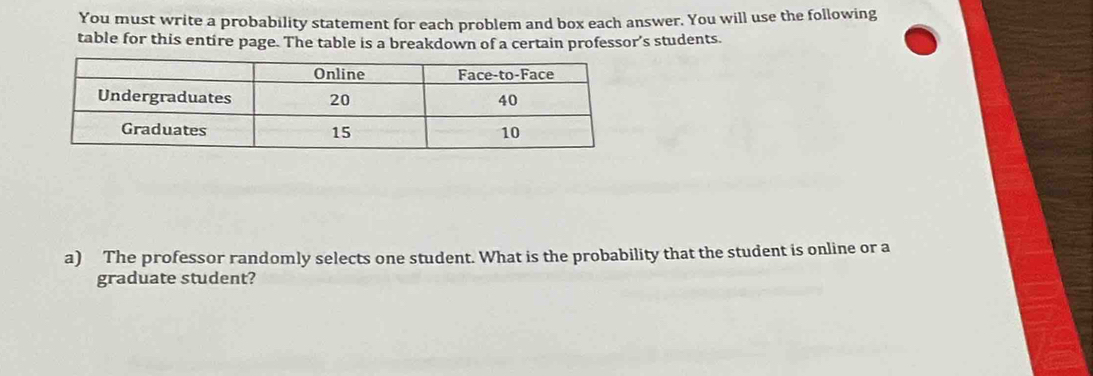 You must write a probability statement for each problem and box each answer. You will use the following 
table for this entire page. The table is a breakdown of a certain professor’s students. 
a) The professor randomly selects one student. What is the probability that the student is online or a 
graduate student?