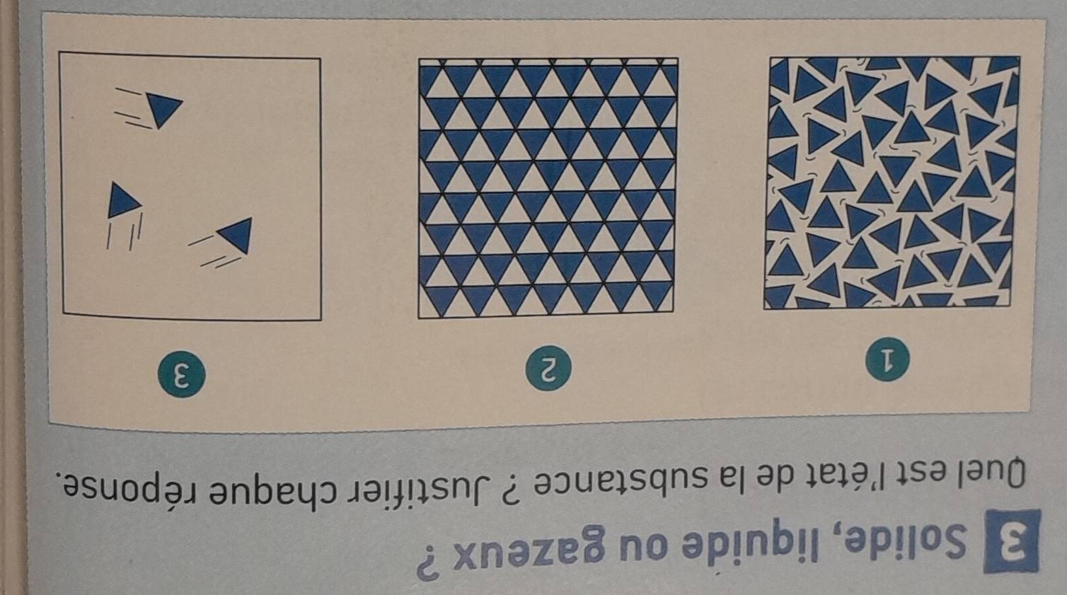 Solide, liquide ou gazeux ? 
Quel est l'état de la substance ? Justifier chaque réponse.
1
2
3