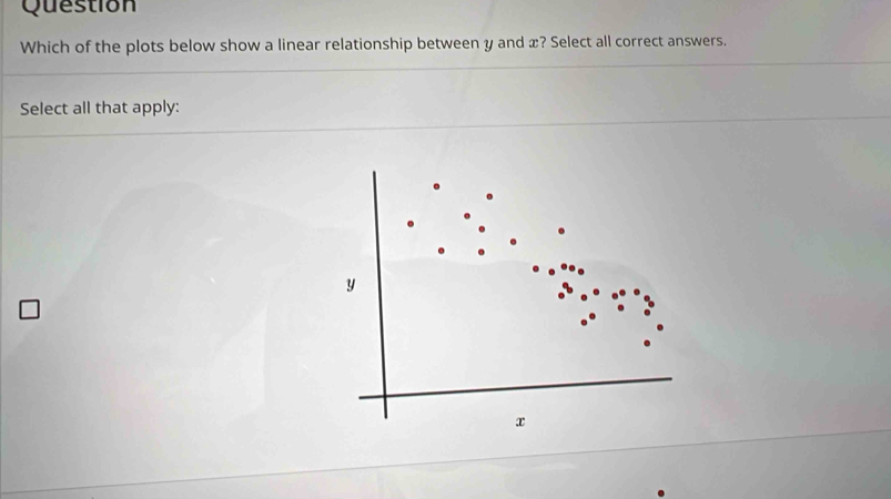 Question 
Which of the plots below show a linear relationship between y and x? Select all correct answers. 
Select all that apply:
y