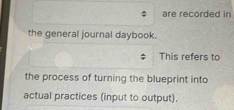 are recorded in 
the general journal daybook. 
This refers to 
the process of turning the blueprint into 
actual practices (input to output).