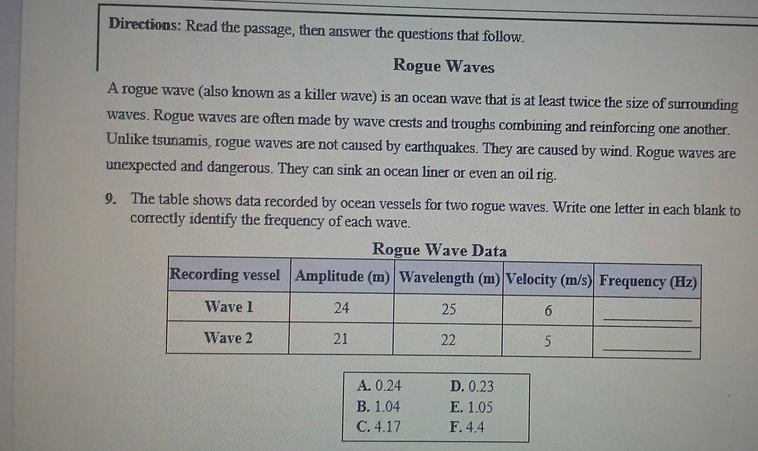 Directions: Read the passage, then answer the questions that follow.
Rogue Waves
A rogue wave (also known as a killer wave) is an ocean wave that is at least twice the size of surrounding
waves. Rogue waves are often made by wave crests and troughs combining and reinforcing one another.
Unlike tsunamis, rogue waves are not caused by earthquakes. They are caused by wind. Rogue waves are
unexpected and dangerous. They can sink an ocean liner or even an oil rig.
9. The table shows data recorded by ocean vessels for two rogue waves. Write one letter in each blank to
correctly identify the frequency of each wave.
A. 0.24 D. 0.23
B. 1.04 E. 1.05
C. 4.17 F. 4.4