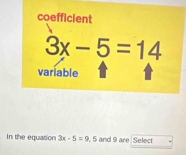 In the equation 3x-5=9 , 5 and 9 are Select