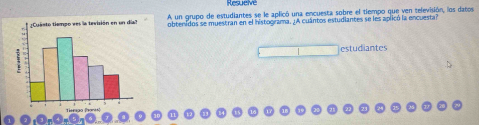 Resuelve 
A un grupo de estudiantes se le aplicó una encuesta sobre el tiempo que ven televisión, los datos 
obtenidos se muestran en el histograma. ¿A cuántos estudiantes se les aplicó la encuesta? 
estudiantes