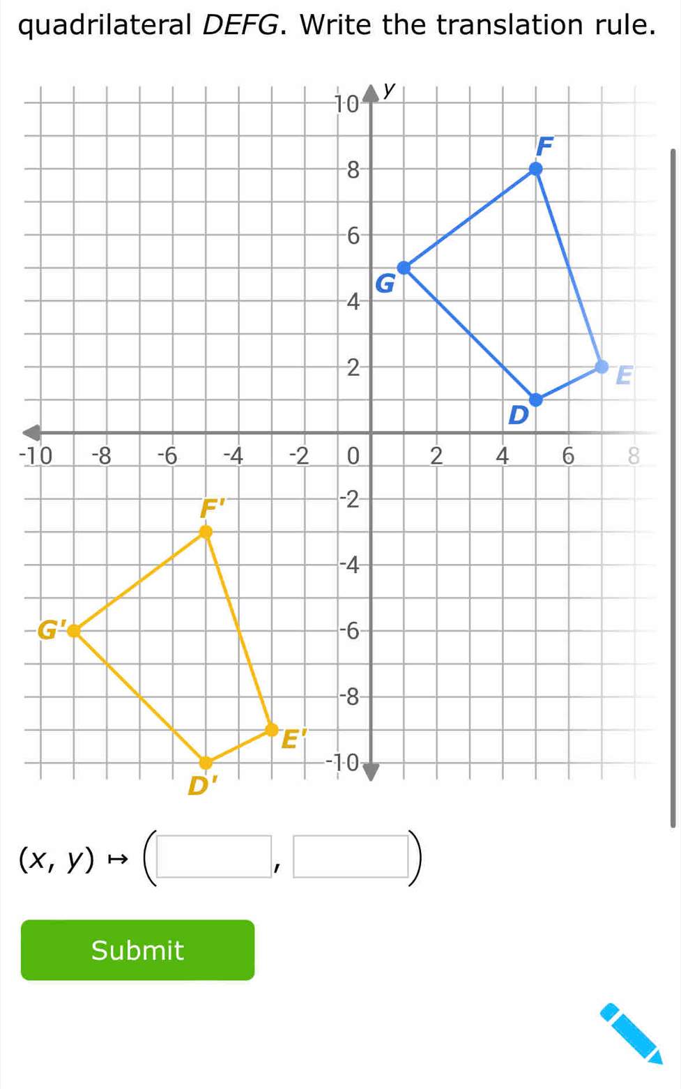 quadrilateral DEFG. Write the translation rule.
-1
(x,y)to (□ ,□ )
Submit