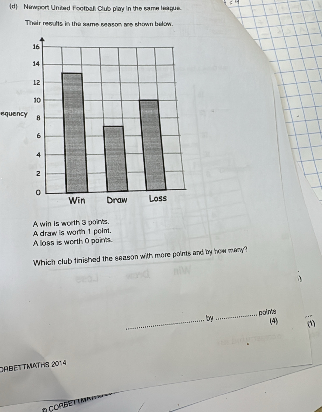 Newport United Football Club play in the same league. 
Their results in the same season are shown below. 
equency 
A win is worth 3 points. 
A draw is worth 1 point. 
A loss is worth 0 points. 
Which club finished the season with more points and by how many? 

_ 
_ 
by _points 
(4) (1) 
ORBETTMATHS 2014 
A CORBETTMAT