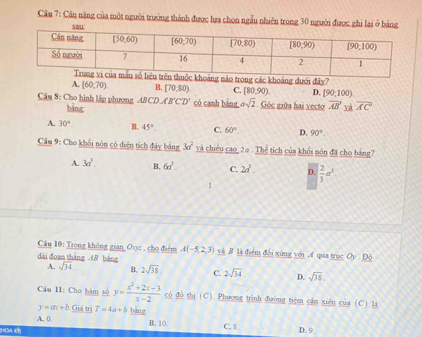 Cân năng của một người trưởng thành được lưa chọn ngẫu nhiên trong 30 người được ghi lai ở bảng
ào trong các khoảng dưới đây?
A. [60;70). B. [70,80). C. [80,90). D. [90;100).
Câu 8: Cho hình lập phương ABCD A'B'C'D' có canh bằng asqrt(2) Góc giữa hai vectơ vector AB' và overline A'C'
bāng
A. 30°. B. 45°. C. 60°. D. 90°.
Câu 9: Cho khối nón có diện tích đáy bằng 3a^2 và chiều cao 2a- The^2 tích của khối nón đã cho bằng?
A. 3a^3. B. 6a^3. C. 2d^3. D.  2/3 a^3.
Câu 10: Trong không gian Ox= , cho điểm A(-5;2;3) và B là điểm đổi xứng với A qua trục Oy Độ
dài đoan thắng AB bằng
A. sqrt(34). B. 2sqrt(38). C. 2sqrt(34). D. sqrt(38).
Cầu l1: Cho hàm số y= (x^2+2x-3)/x-2  có đồ thị (C). Phương trình đường tiệm cận xiên của (C) là
y=ax+b Giá trị T=4a+b bāng
A. 0 B. 10 C. 8 D. 9.
(HOA KY)