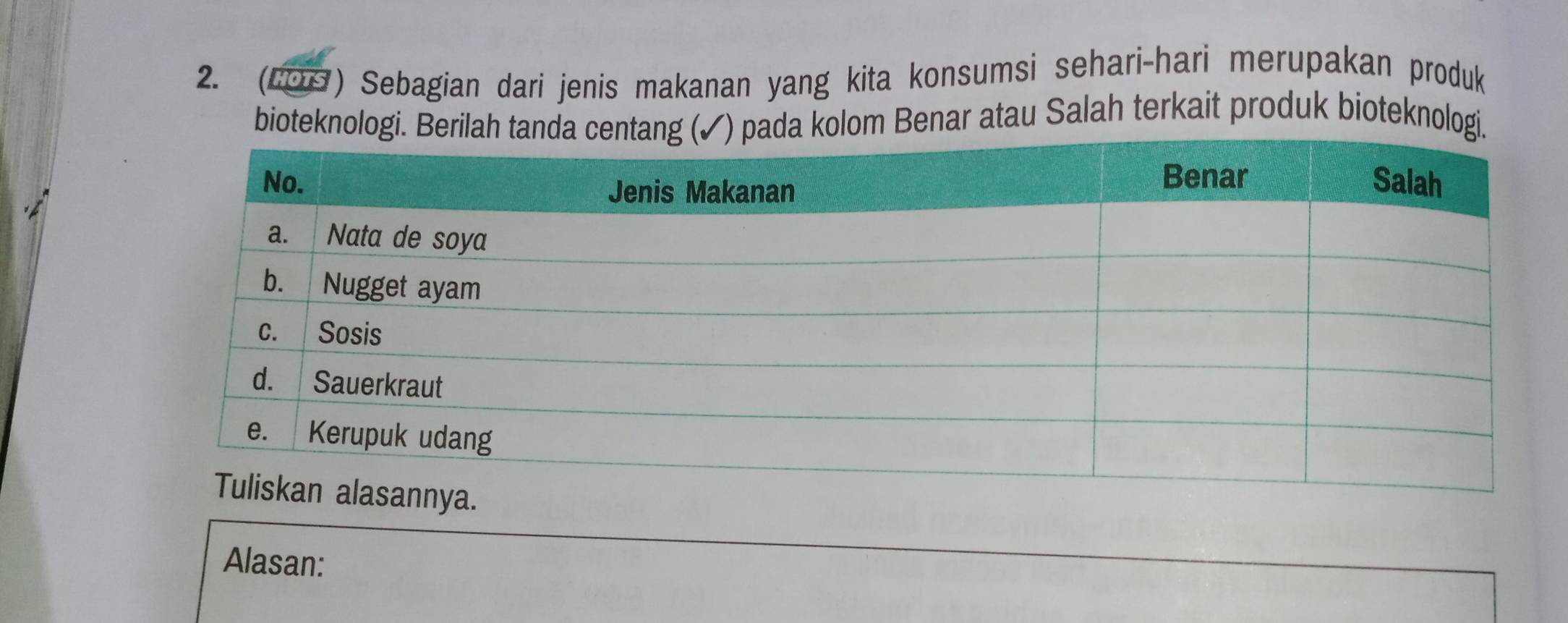 (CDS) Sebagian dari jenis makanan yang kita konsumsi sehari-hari merupakan produk 
bioteknololom Benar atau Salah terkait produk bioteknologi 
. 
Alasan: