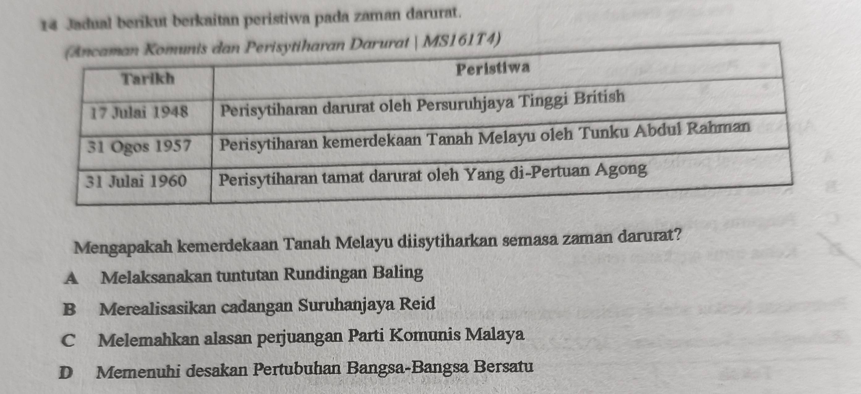 Jadual berikut berkaitan peristiwa pada zaman darurat.
t | MS161T4)
Mengapakah kemerdekaan Tanah Melayu diisytiharkan semasa zaman darurat?
A Melaksanakan tuntutan Rundingan Baling
B Merealisasikan cadangan Suruhanjaya Reid
C Melemahkan alasan perjuangan Parti Komunis Malaya
D Memenuhi desakan Pertubuhan Bangsa-Bangsa Bersatu