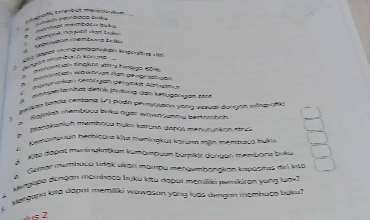 efografk tersebut menjelaskon_
jumíah pembaca buka
A manfagt membaca buku
dompak negatif dari buku
C kebiasoan membaca buku
Kita dopat mengembangkan kapasítas diri
dngan membaca karena .....
menambah tingkät stres hingga 60%
menambah wawason dan pengetahuan
menurunkan serängan penyakit Alzheimer

d. memperlambat detak jantung dan ketegangan otot
Berikan tanda centang (√) pada peryataon yang sesuai dengan infografk)
. Rojinlah membaca buku agar wawasanmu bertambah.
b. Biasakanlah membaca buku karena dapat menurunkan stres
c. Kemampuan berbicara kita meningkat karena rajin membaca buku.
d. Kita dapat meningkatkan kemampuan berpikir dengan membaca buku.
e. Gemar membaca tidak akan mampu mengembangkan kapasitas diri kita
4 Mengapa dengan membaca buku kita dapat memilliki pemikiran yang luas?
5 Mengapa kita dapat memiliki wawasan yang luas dengan membaca buku?