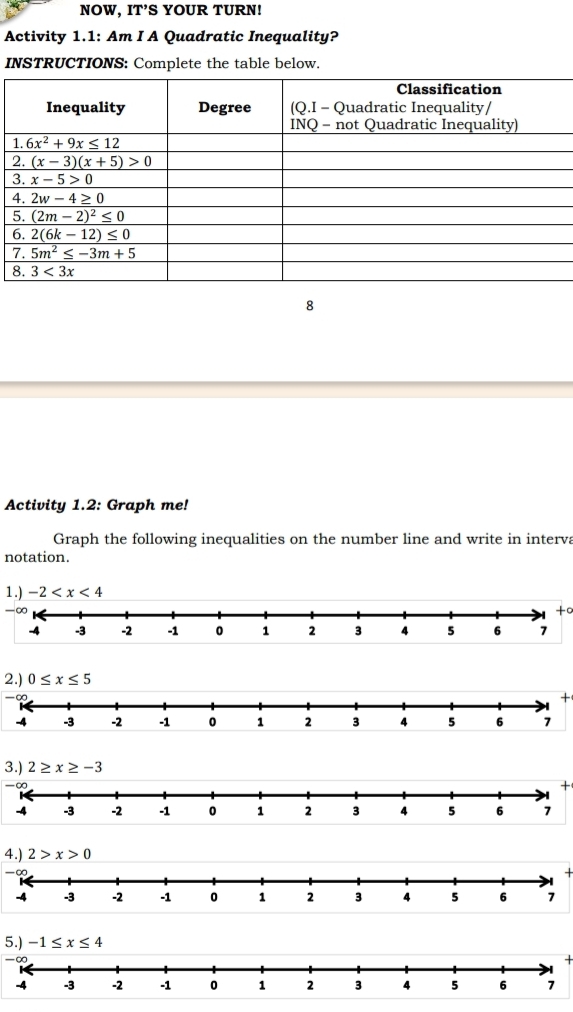 NOW, IT' S YOUR TURN!
Activity 1.1: Am I A Quadratic Inequality?
INSTRUCTIONS: Complete the table below.
8
Activity 1.2: Graph me!
Graph the following inequalities on the number line and write in interva
notation.
1.)
-∞
+∞
2.)
-∞
+
3.)
-∞
+
4.)
-∞
+
5.)
-∞
+