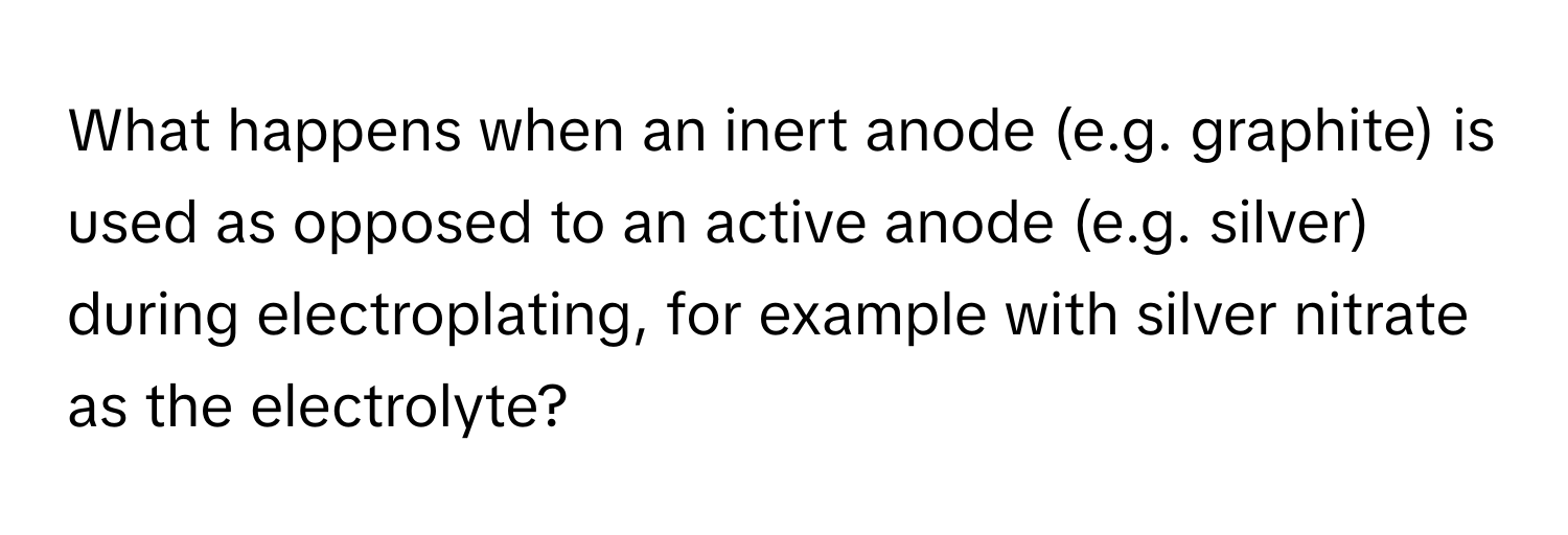 What happens when an inert anode (e.g. graphite) is used as opposed to an active anode (e.g. silver) during electroplating, for example with silver nitrate as the electrolyte?