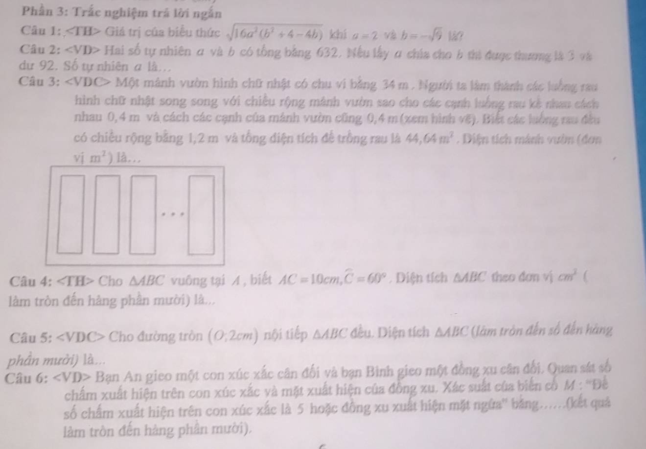 Phần 3: Trắc nghiệm trả lời ngắn
Câu 1: ∠ TH> Giá trị của biểu thức sqrt(16a^2(b^2+4-4b)) khí a=2 b=-sqrt(9) là?
Câu 2: ∠ VD> Hai số tự nhiên α và b có tổng bằng 632, Nếu lấy α chía cho b thi được thương là 3 và
dự 92. Số tự nhiên a là..
Câu 3: ∠ VDC> Một mành vườn hình chữ nhật có chu vi bằng 34 m . Người ta làm thành các lưởng rau
hình chữ nhật song song với chiều rộng mành vườn sao cho các cạnh luống rau kê nhau cách
nhau 0,4 m và cách các cạnh của mảnh vườn cũng 0,4 m (xem hình vẽ). Biết các luởng rau đều
có chiều rộng bằng 1,2 m và tổng điện tích để trồng rau là 44,64m^2. Diện tích mành vườn (đơn
Câu 4: ∠ TH> Cho △ ABC vuông tại A , biết AC=10cm,widehat C=60° Diện tích △ ABC theo don vj cm^3
làm tròn đến hàng phần mười) là...
Câu 5: ∠ VDC> Cho đường tròn (0,2cm) nội tiếp △ ABC đều. Diện tích △ ABC (àm tròn đến số đến hàng
phần mưởi) là...
Câu =. ∠ VD>B? an An gieo một con xúc xắc cân đối và bạn Binh gieo một đồng xu cân đối. Quan sát số
chấm xuất hiện trên con xúc xắc và mặt xuất hiện của đồng xu. Xác suất của biến cổ M : ''Để
số chấm xuất hiện trên con xúc xắc là 5 hoặc đồng xu xuất hiện mặt ngừa'' bằng.....(kết quả
làm tròn đến hàng phân mười),