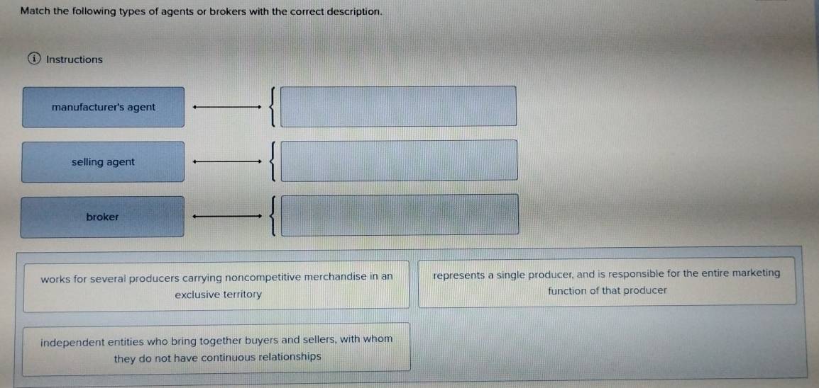 Match the following types of agents or brokers with the correct description.
①Instructions
manufacturer's agent
selling agent
broker
works for several producers carrying noncompetitive merchandise in an represents a single producer, and is responsible for the entire marketing
exclusive territory function of that producer
independent entities who bring together buyers and sellers, with whom
they do not have continuous relationships